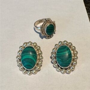 Silver Jewelry Set with Green Stones Malachite